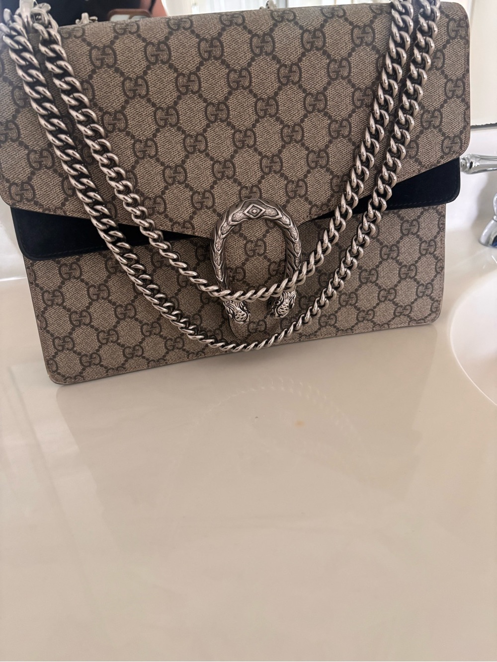 Gucci Brown GG Supreme Shoulder Bag with Black Trim and Silver Chain